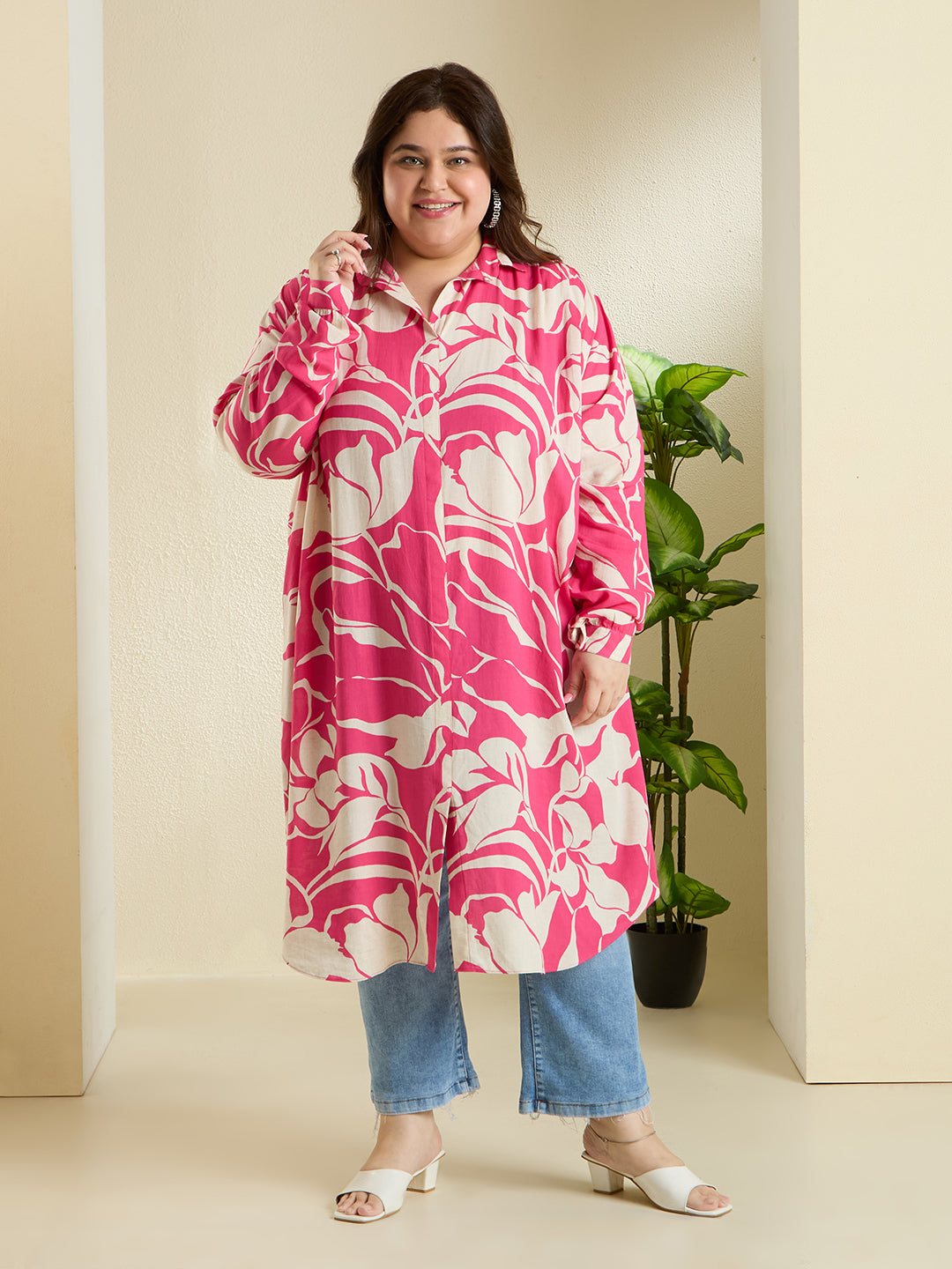 PINK PALMS SHIRT DRESS